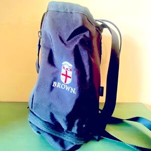 Brown University water bottle bag. Cross body.  3 sections zippered.